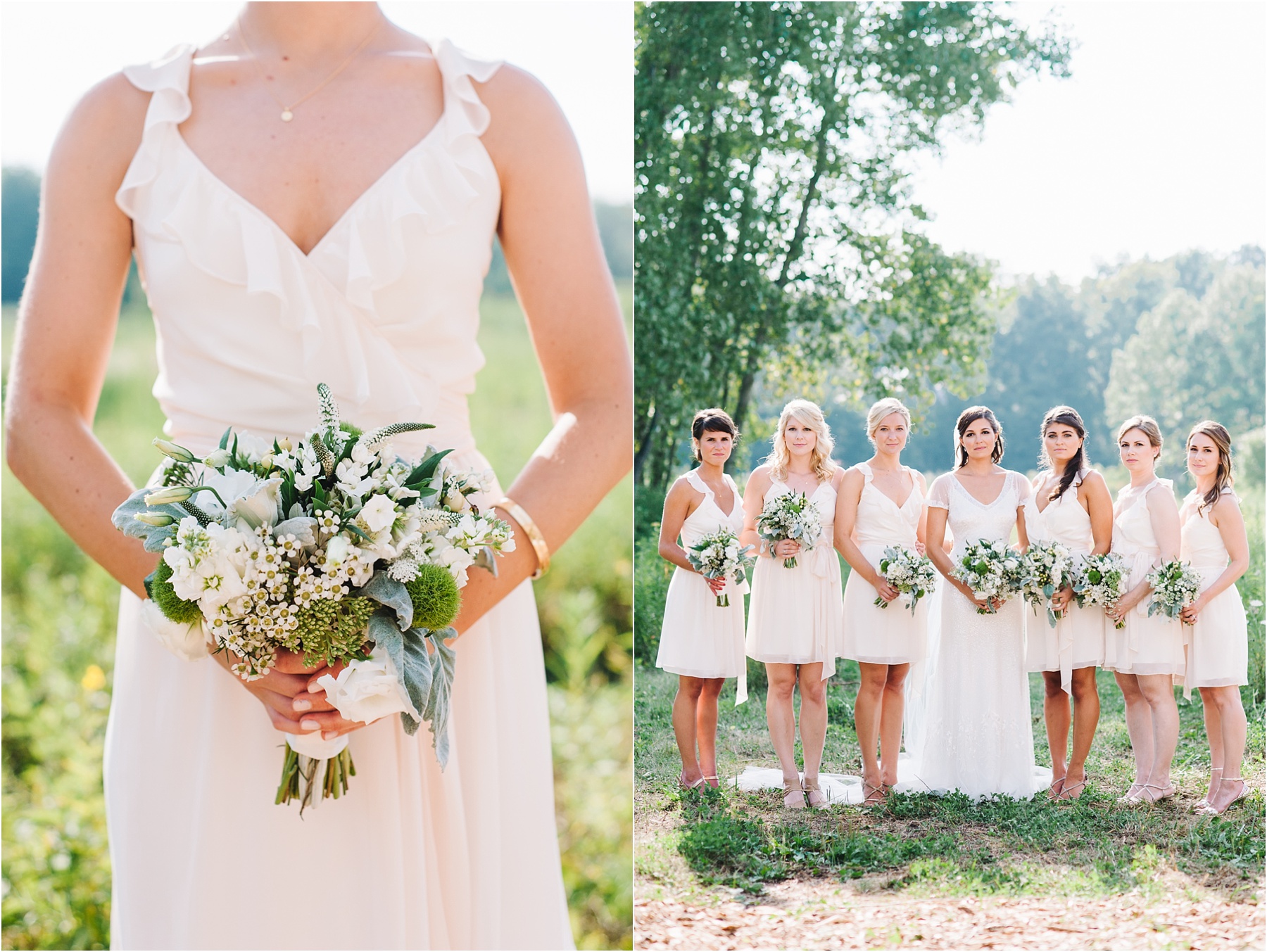 cream bridesmaid dresses with green and white bouquets