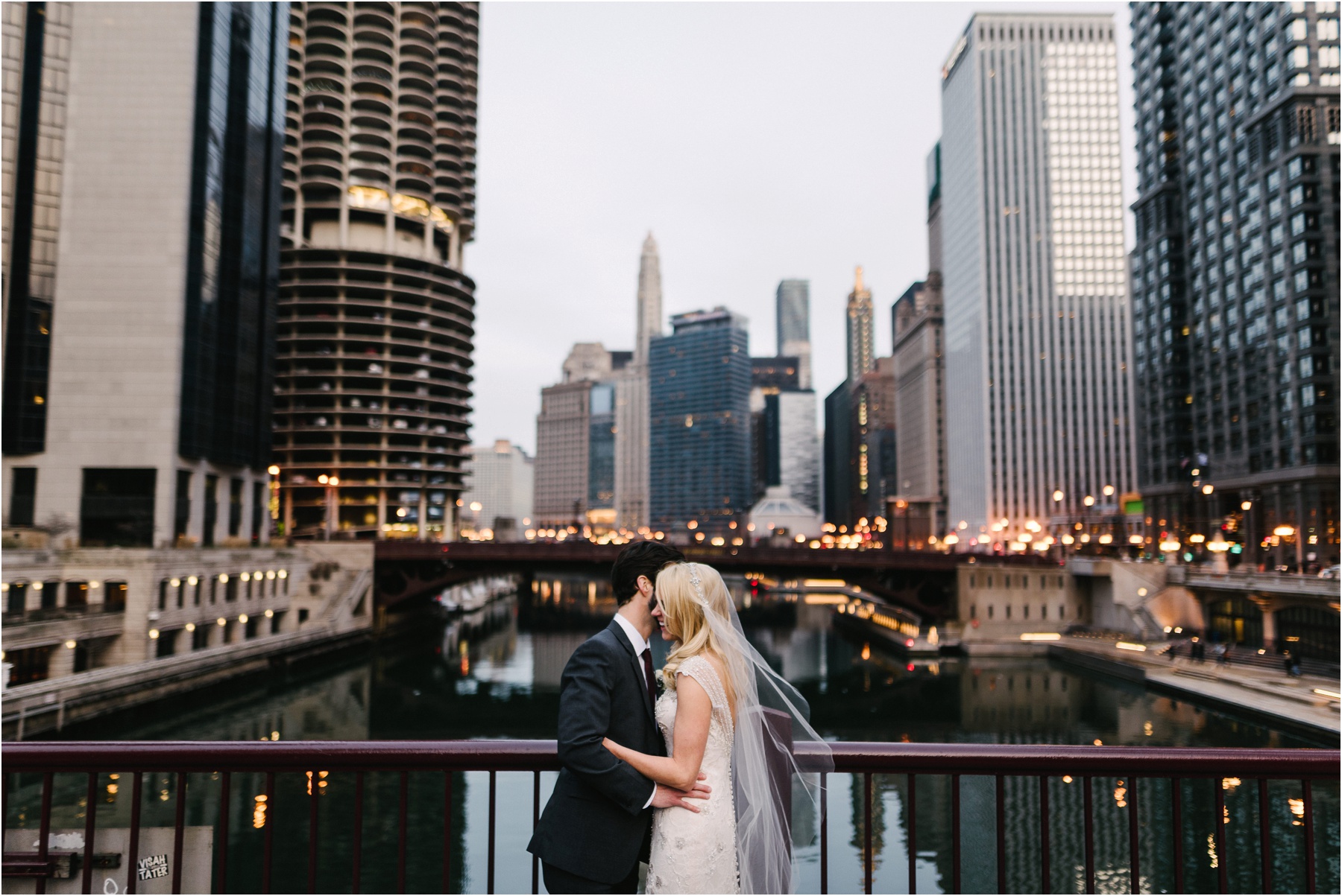 Wedding portrait Chicago bridge.